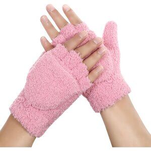 Women's Pink Fingerless Flip Top Cover Knitted Wool Warm Fabric Mittens Gloves